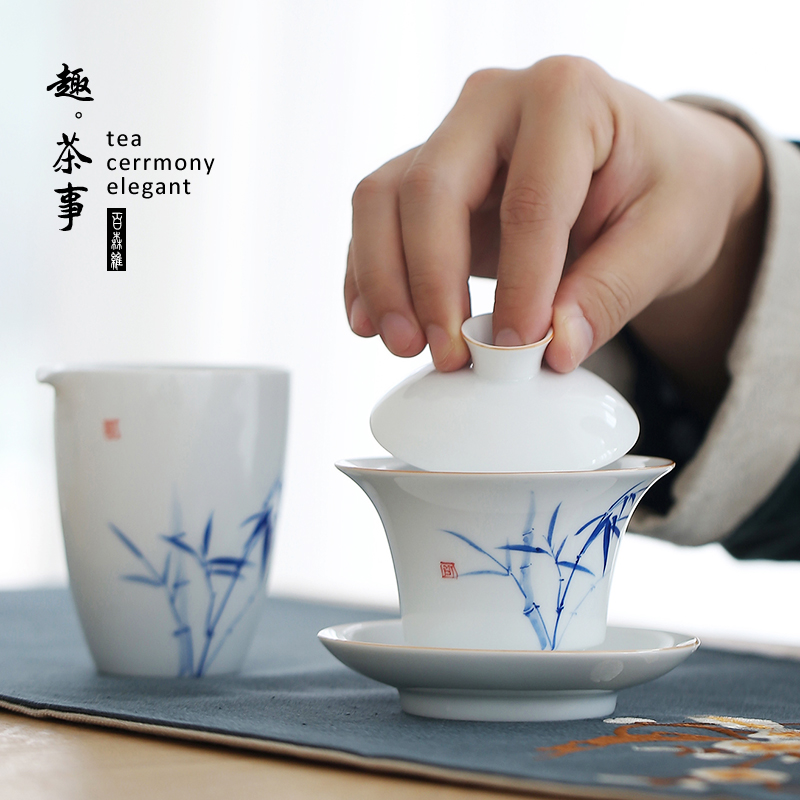 Babson d dehua hand - made white porcelain tureen kung fu tea set suit household ceramic cups in the box of a complete set of the teapot