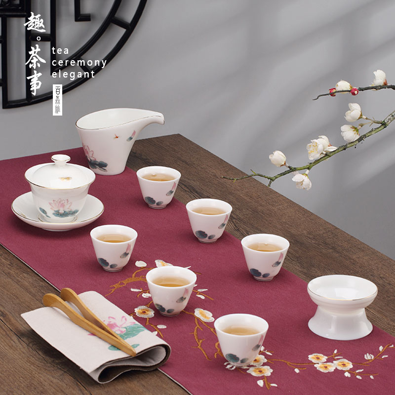 Dehua up porcelain suet jade kung fu tea set the see colour of household ceramic teapot teacup tureen whole sitting room