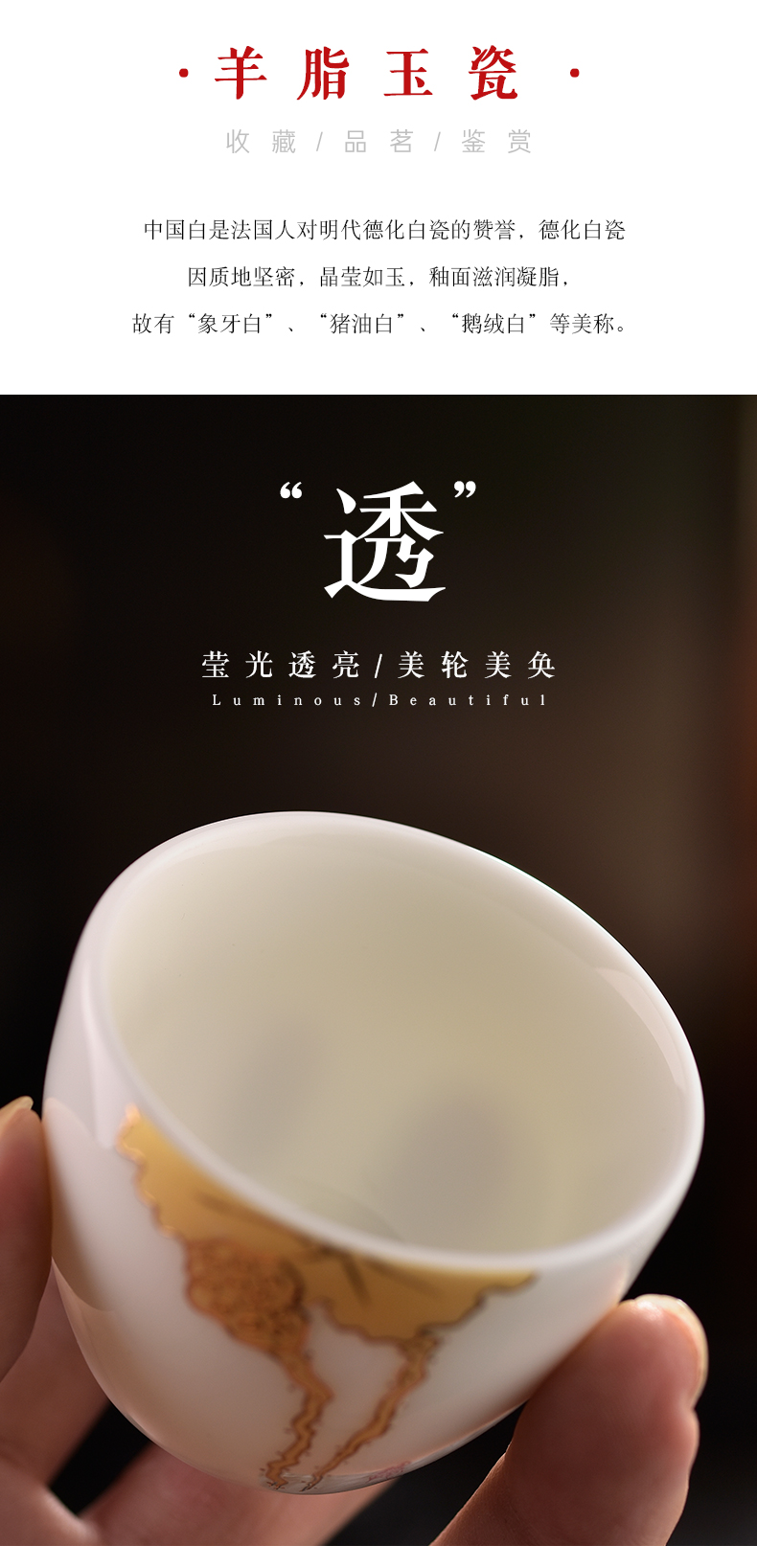 Dehua suet jade white porcelain masters cup single glass ceramic sample tea cup jade porcelain teacup kung fu tea set personal cup home