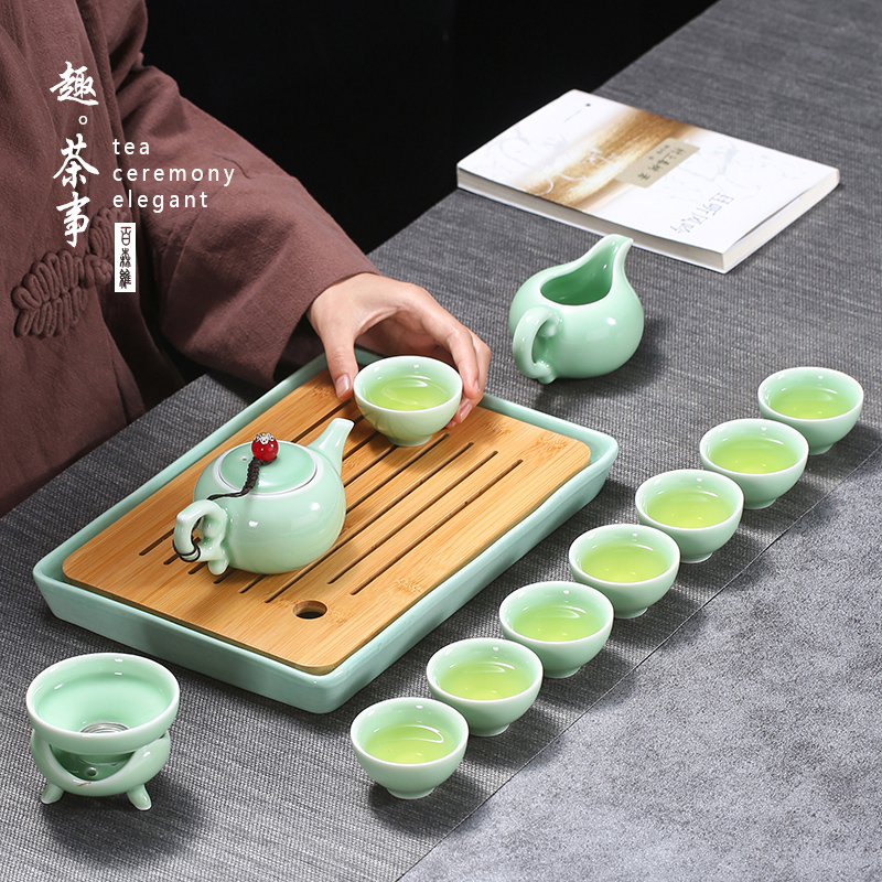 Japanese longquan celadon sharply stone kung fu tea tray ceramic teapot teacup tea set office the whole household
