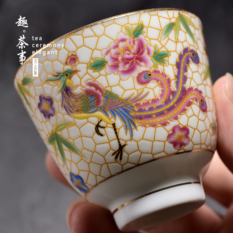 Jingdezhen tea cups porcelain enamel see colour flower phoenix master cup sample tea cup flower is Chinese style kung fu single CPU