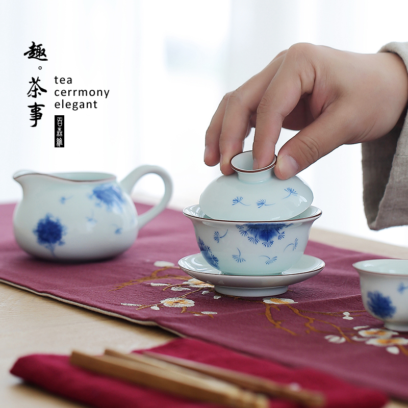 Dehua up porcelain tureen tea suet jade suit hand - made ceramic cups of a complete set of kung fu tea gift box