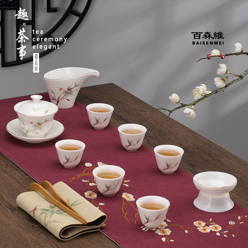 Dehua up porcelain suet jade kung fu tea set the see colour of household ceramic teapot teacup tureen whole sitting room
