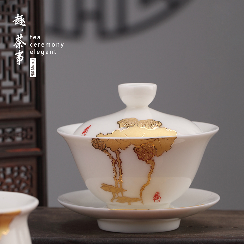 Dehua white porcelain tureen suet jade three just ceramic bowl hand paint a single tea bowl not hot kung fu tea set