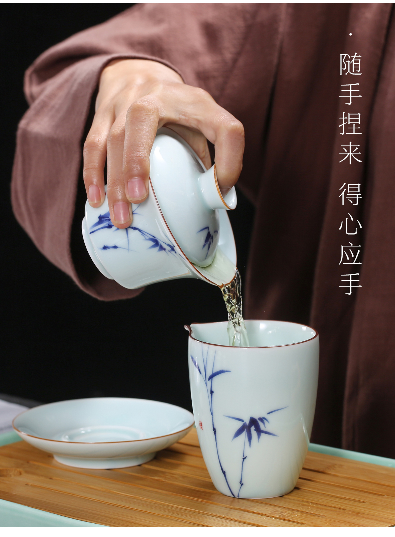 Dehua white porcelain kung fu tea set contracted household green ceramic lid bowl cups of a complete set of blue and white porcelain