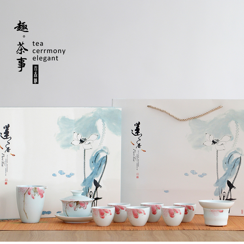 Dehua white porcelain hand - made kung fu tea set the home office of a complete set of tureen teapot celadon pot cup gift box