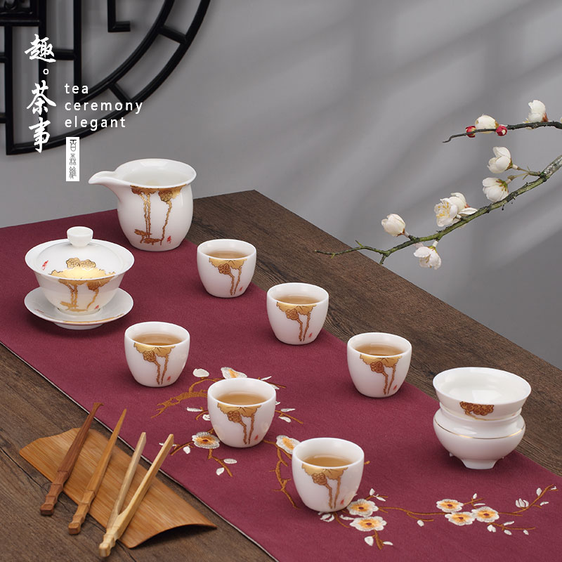 Dehua white porcelain suet jade porcelain tea set see colour lid cup of a complete set of kung fu suit ceramic bowl household gift box