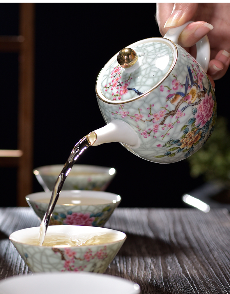 The see colour enamel ceramic teapot large kung fu tea single pot of filtering grilled white porcelain retro flower tea set home