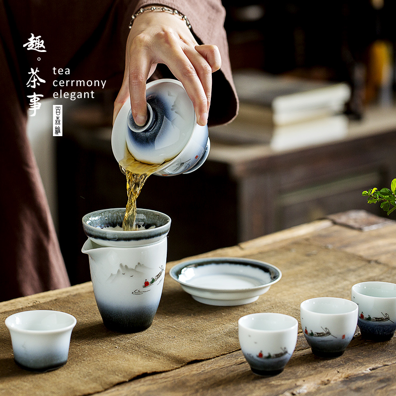 Jingdezhen kung fu tea set hand - made white porcelain contracted household ceramics tureen teapot teacup of a complete set of gift boxes