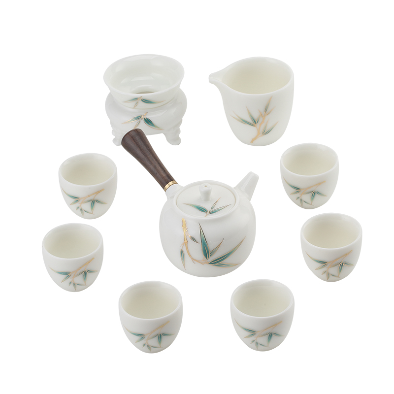 Dehua white porcelain paint suet jade bamboo tureen tea sets ceramic contracted side put the pot of kung fu tea gift box