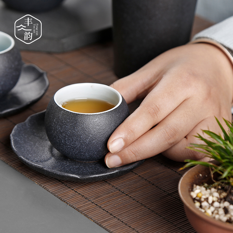 Coarse pottery kung fu tea cup home market metrix of ceramic tea set small single cup with cup mat sample tea cup set of tea cups