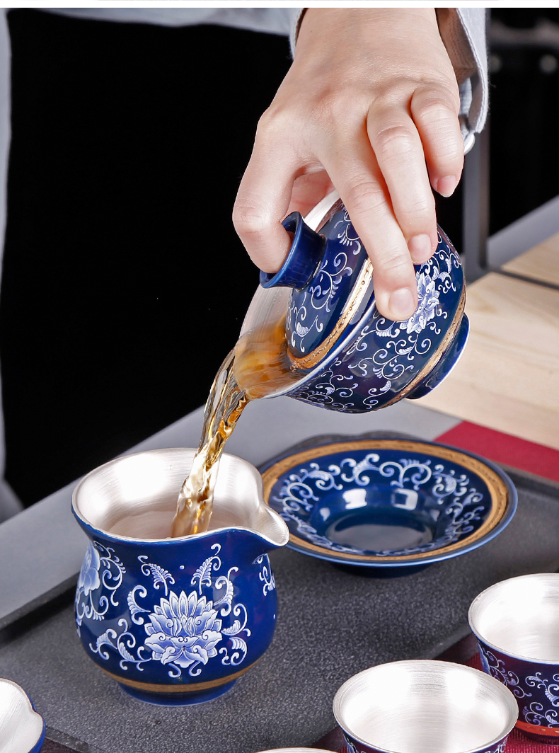Tasted silver tea set three to tureen silver gilding ceramic cups large blue and white household manual single kung fu tea cups