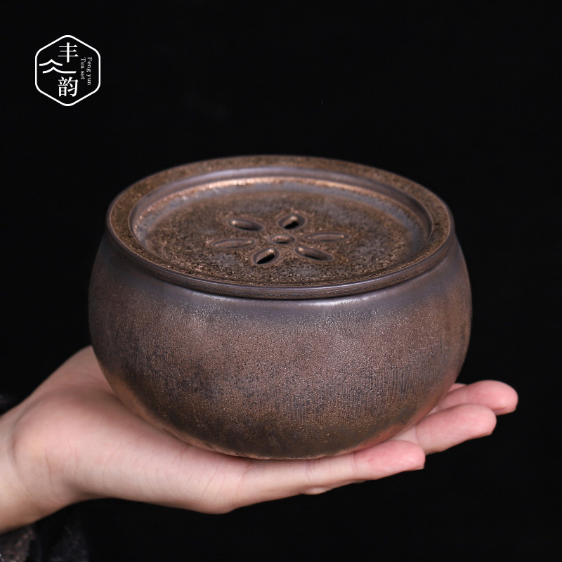 Antique gold iron glaze coarse pottery tea wash water jar zen small built in hot water writing brush washer barrel kung fu tea set spare parts