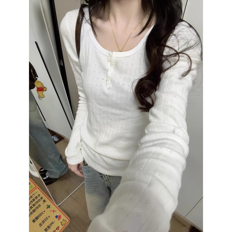 White Three-Button Long-Sleeve T-Shirt for Women, Spring and Summer Style, Korean Style, Lazy and Gentle Style, Slim Fit, Slimming Base Shirt Top