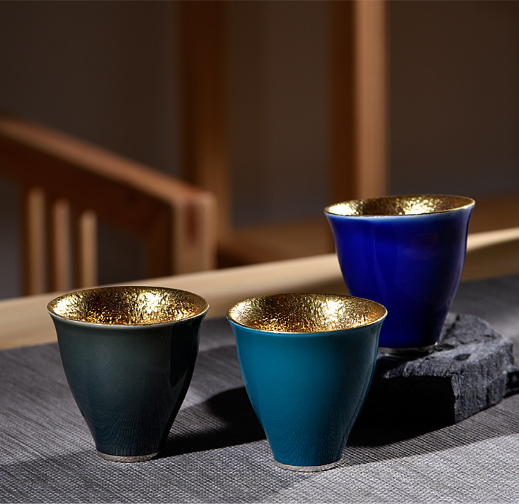 Ancient sheng up new elegant yellow marigold glass up with pure 24 k gold pure manual master cup ceramic sample tea cup