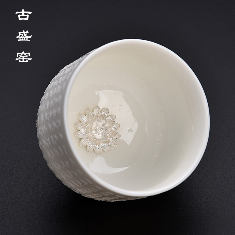 The ancient new dehua white porcelain manual kung fu sheng up with silver lotus heart sutra meditation master cup tea cup gift