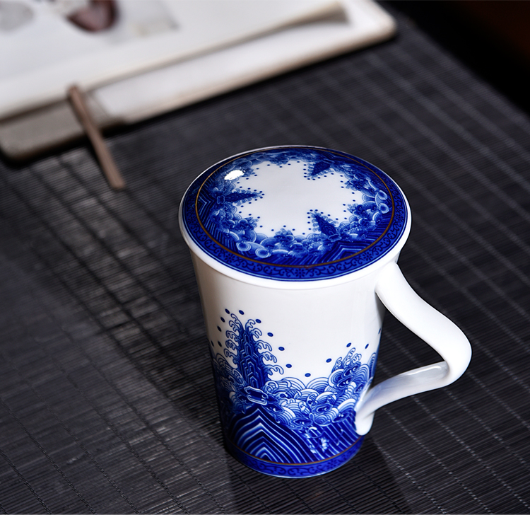 Ancient sheng up new office sea blue and white porcelain cup business ceramic cup with cover large capacity single glass with the cup