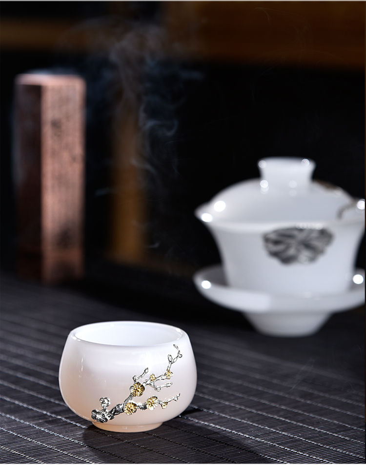 Ancient jade sheng up with porcelain of a pot of three to four cups of jade kung fu bowl whitebait white jade porcelain tureen silver sample tea cup set