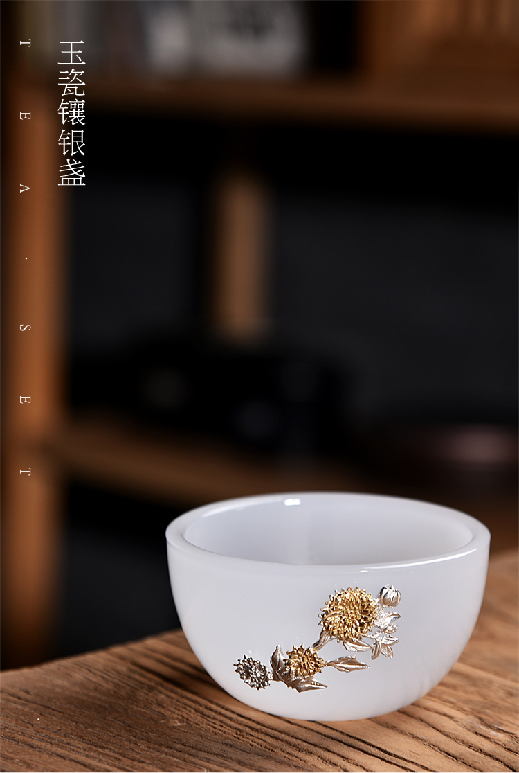 Ancient sheng up porcelain single cup silver inlaid with jade porcelain teacup built lamp cup ceramic kung fu tea cup bowl with a single master