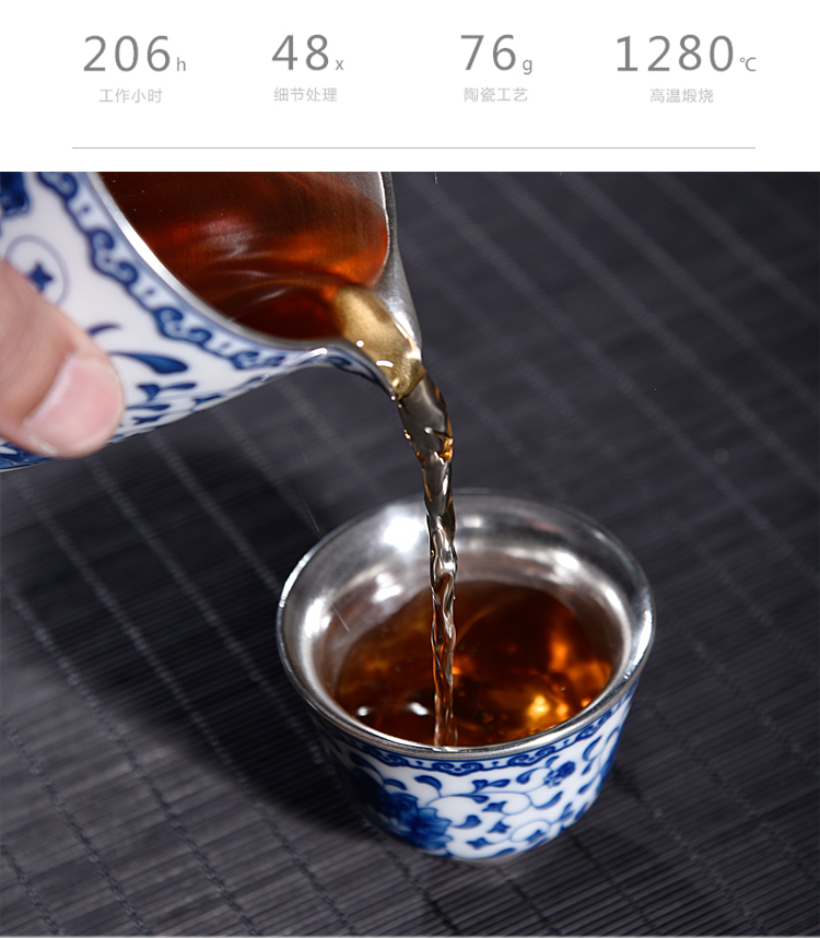 The ancient silver cup bowl sheng up dragon sea blue and white porcelain tea tea tasted silver gilding master cup single cup by hand