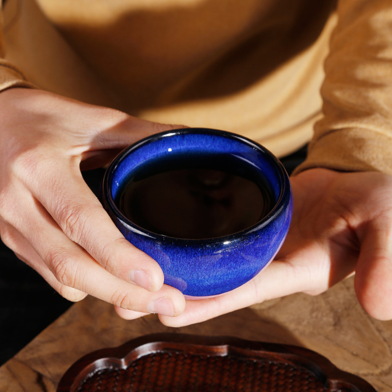 Ancient up with pure manual build light blue back beam bites of hat light tea bowl with oil droplets obsidian variable temmoku porcelain tire iron
