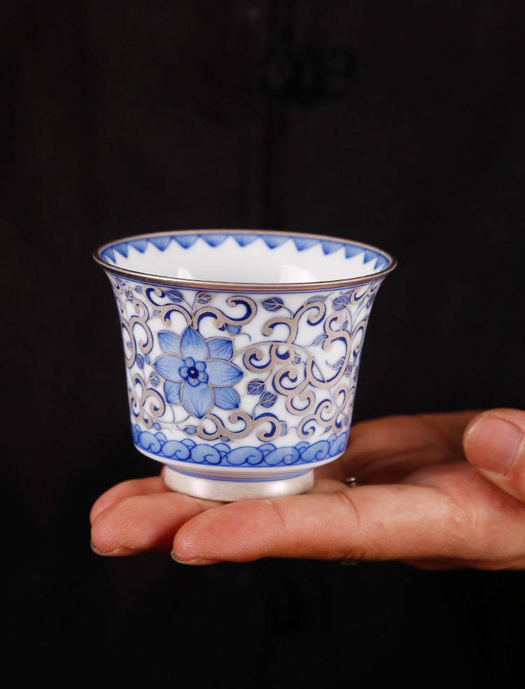 The ancient silver cup pure manual coppering. As sheng up 999 sterling silver master cup with silver blue cup of jingdezhen ceramic cup