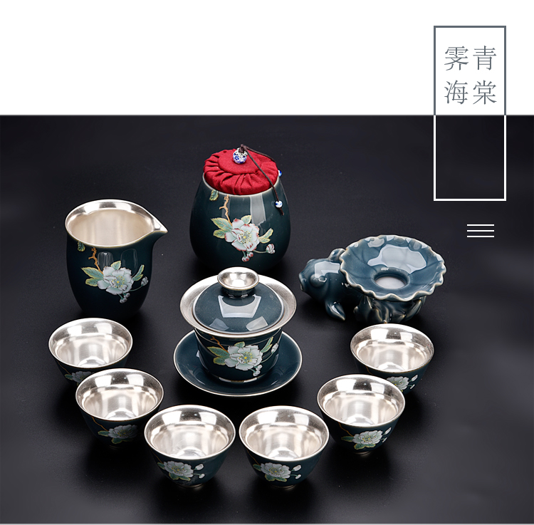 The ancient sheng up coppering. As silver set of ceramic tea set tea peony kung fu suit of blue and white porcelain gifts cups gift boxes