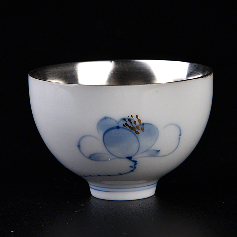 Ancient sheng up hand - made porcelain tasted silver gilding suet jade porcelain cup 999 sterling silver, small sample tea cup master cup single CPU