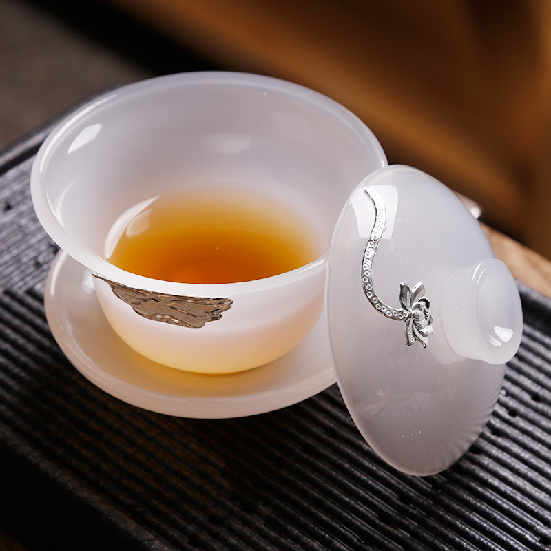 Ancient jade sheng up with porcelain of a pot of three to four cups of jade kung fu bowl whitebait white jade porcelain tureen silver sample tea cup set