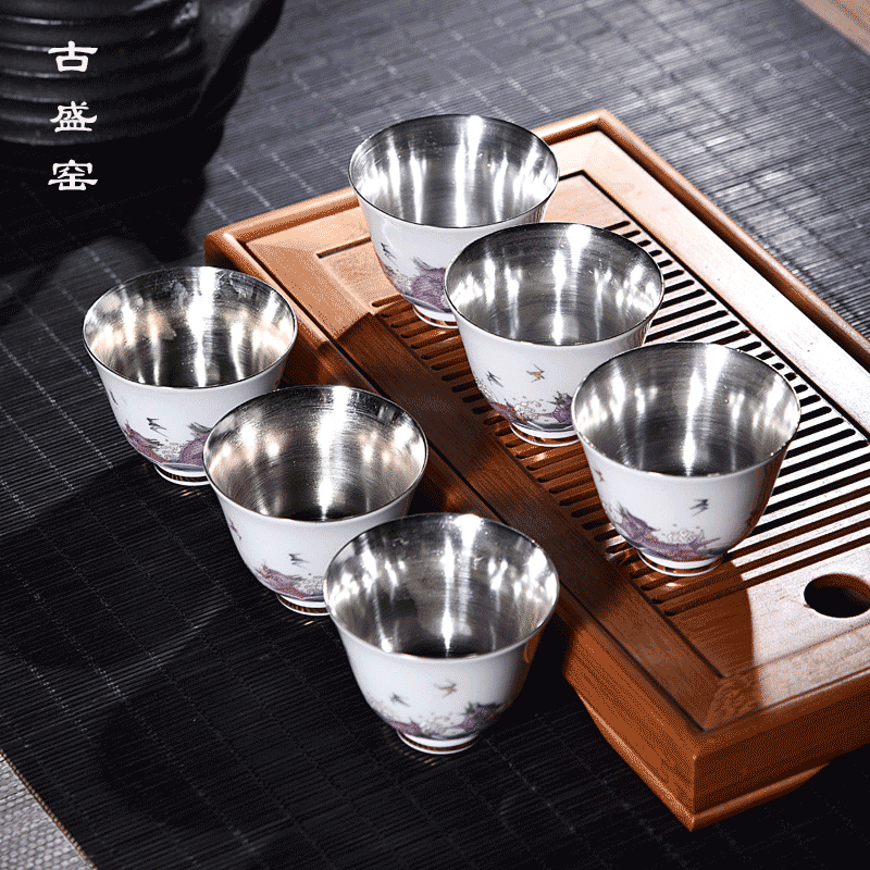 The ancient sheng up new gift boxes pure ceramic cups tasted silver gilding kung fu tea set a master cup single cup sample tea cup drawing