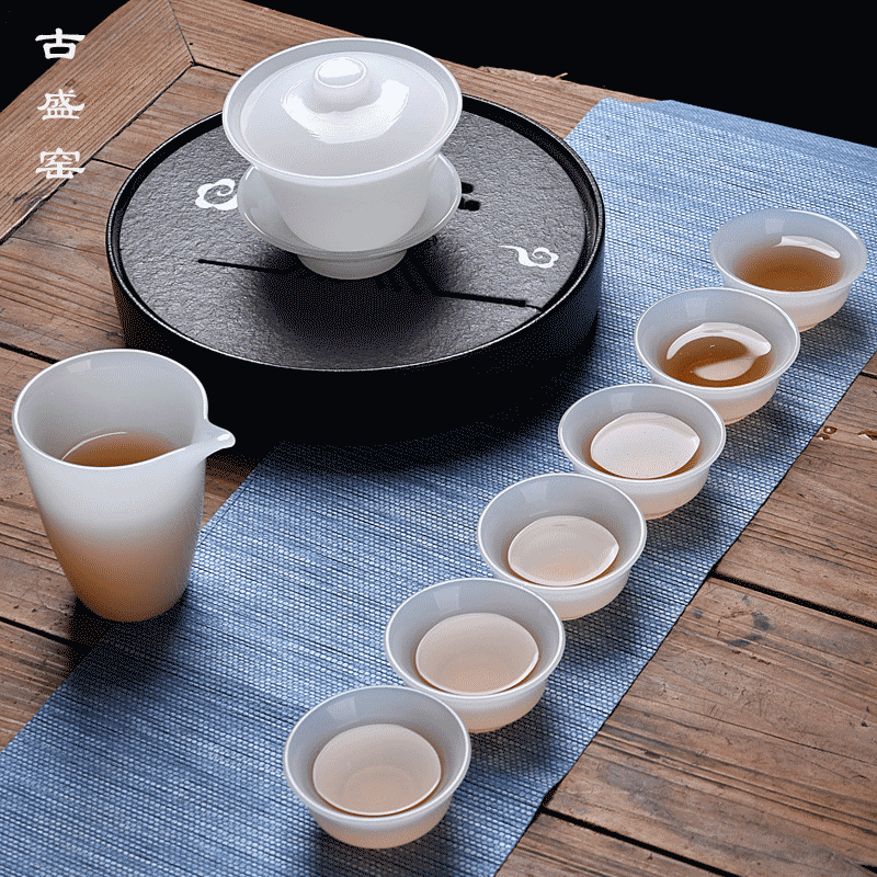 The ancient three new six white jade porcelain kung fu sheng up with white porcelain bowl with jade fish six cup just a cup of tea set
