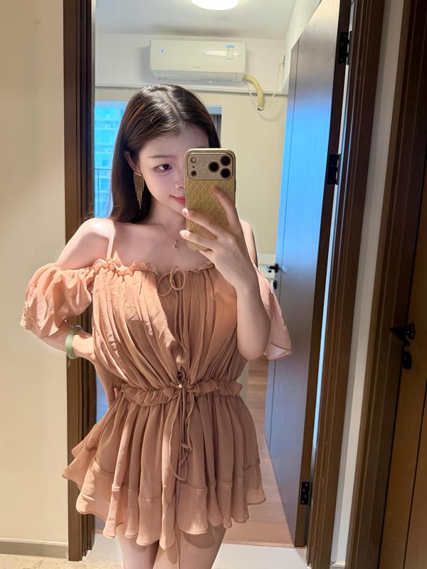 Hotdog Very Spicy [Margaret] Pleated Ruffle Dress Girly Cinnamon Pink Short Skirt