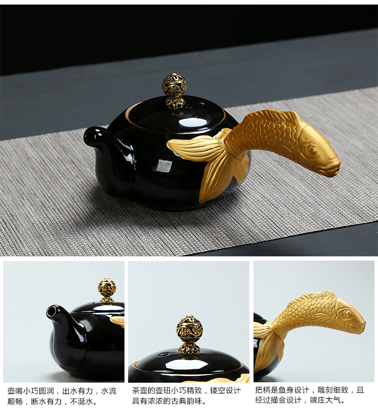 Black glaze blue and white porcelain teapot tea cups for ceramic kung fu tea set only three cups of tea to use hand grasp the teapot