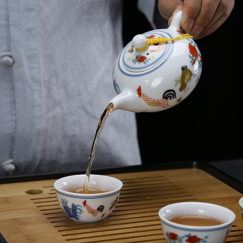 Kung fu tea set porcelain of a complete set of blue and white porcelain cup chicken cylinder white porcelain tureen teapot teacup tea wash tea tray was set combination