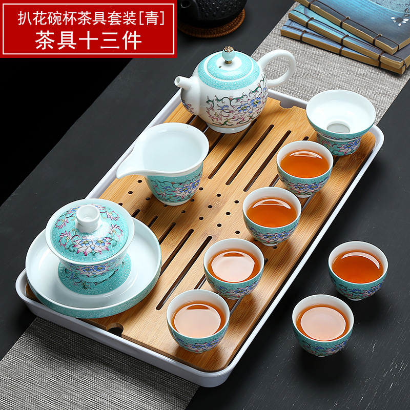 Full color blue and white kung fu tea set manually set ceramic household whole teapot tea cup tureen tea taking group
