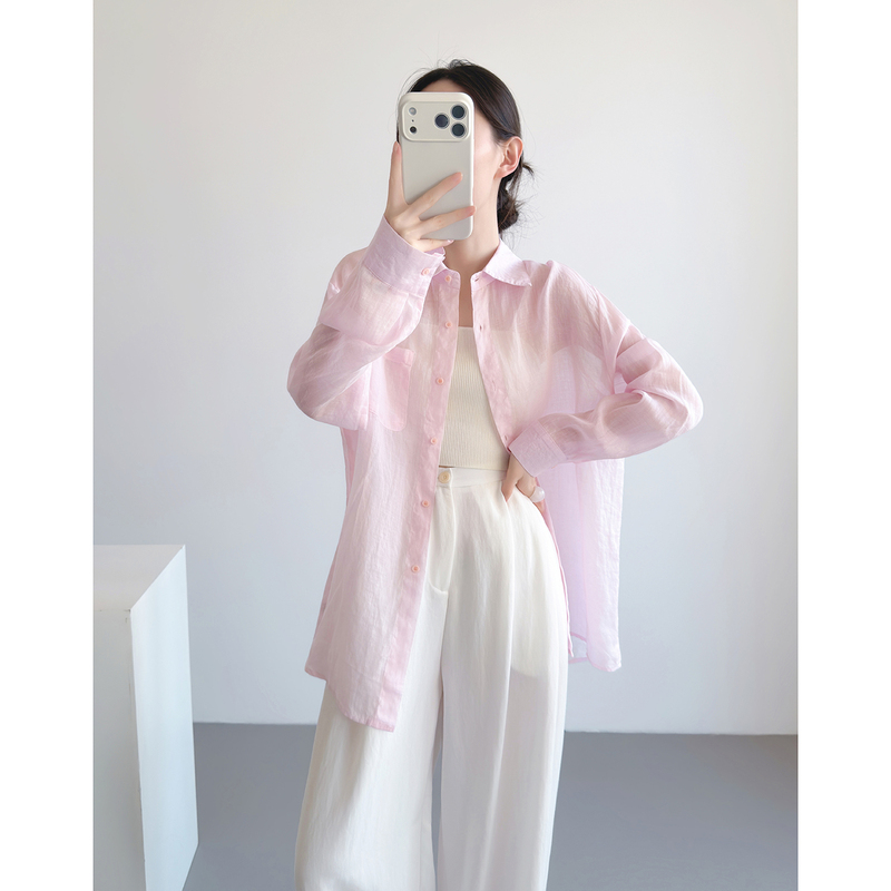 Pink Ramie Shirt for Women, 2026 New Style, High-End, Light Luxury, Age-Reducing, Stylish, Loose-Fitting Top, Women's Summer Thin Jacket