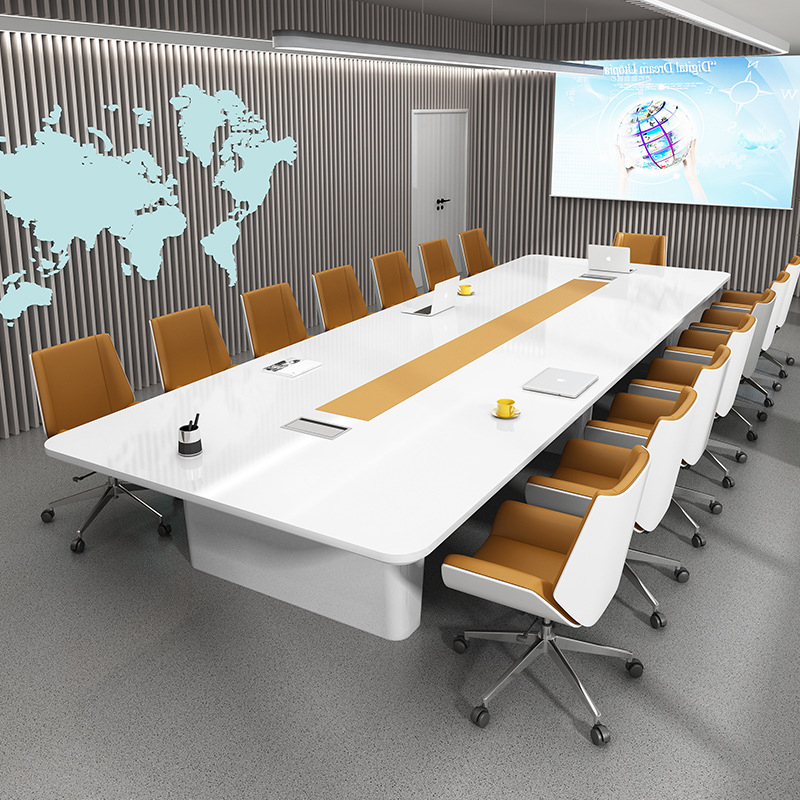 Large Baking Varnish Conference Table Minimalist Modern Negotiating Table White Strip Table Meeting Room Training Reception Desks And Chairs Combination