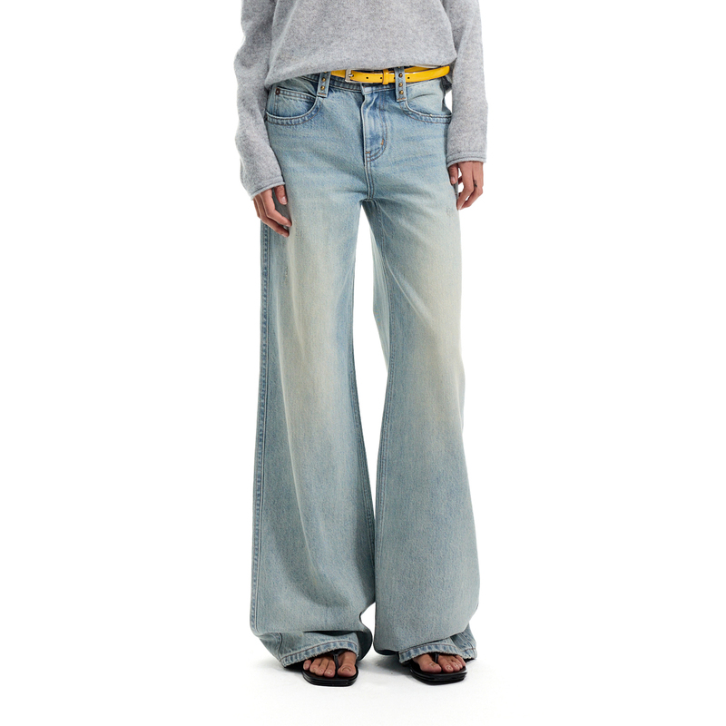 Still Life Retro Light Blue Pure Cotton Distressed Straight-Leg Jeans for Women, Low-Waisted, Loose, Casual Wide-Leg Pants