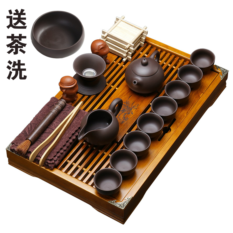 Small kung fu tea set pack of a complete set of mini purple ceramic simple household bamboo tea tray tea cup 6 office