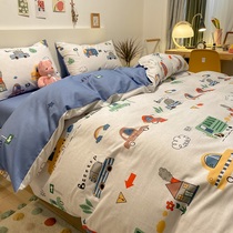 Childrens four-piece cotton cotton boy car quilt cover three-piece set dormitory bed single bed hat bedding