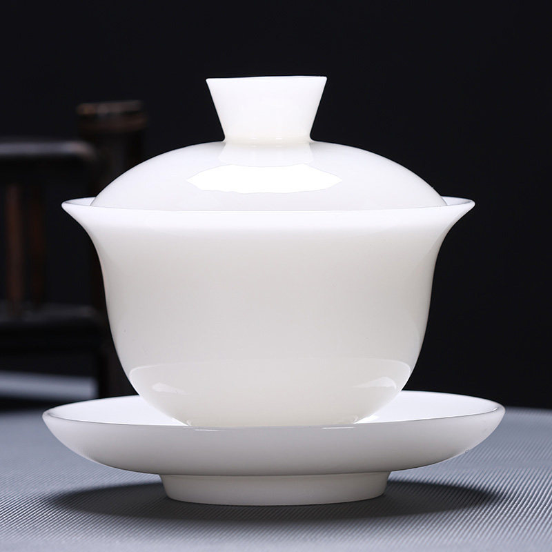 Dehua Ice Jade Cover Bowl Tea Cup Ceramic Tea Set Large Tea Brewing Device Home Kung Fu Three-Talent Tea Bowl Gift Box Set