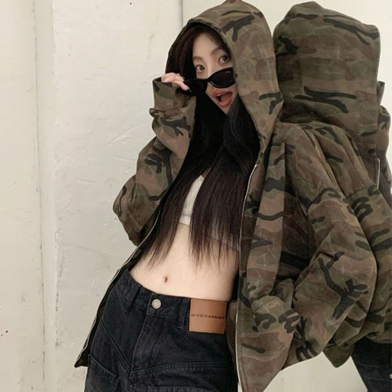 Camouflage Jacket for Women, American Style, Spring and Autumn, Retro, 2026 New Model, Slimming Design, Hooded Zipper Sweatshirt Top