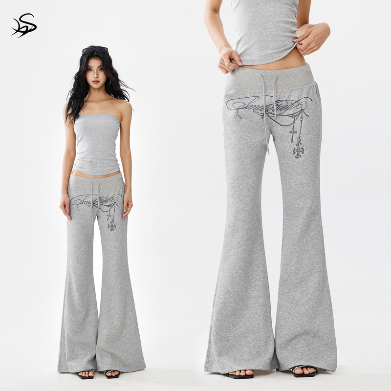 [Designer Style] American-Style Gray Flared Pants for Women, Summer Slimming Letter Print Design, Trendy Casual Long Pants