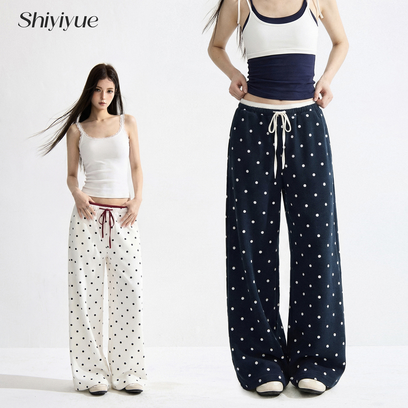 November Hot Girl Polka Dot Casual Pants for Women, Summer American Style High-Waisted Color-Blocking Loose Slimming Drape Straight-Leg Trousers