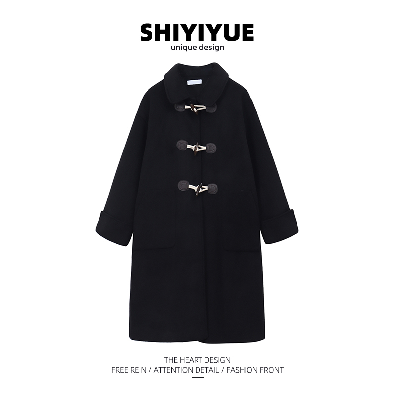 SHIYIYUE self-made horn buckle woolen coat women's winter small mid-length British style black woolen coat