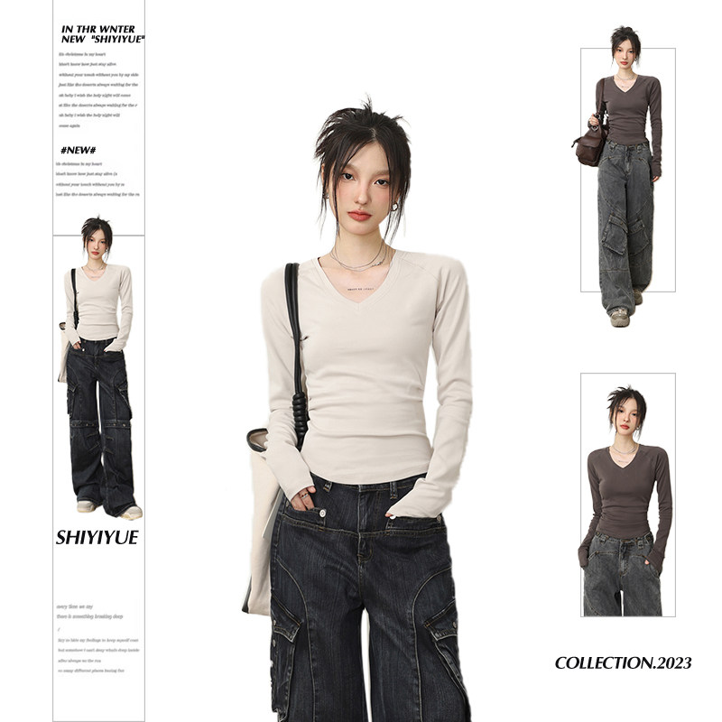 SHIIYUE V Collar Shirting Shirtshirt Woman Autumn Winter Closedown Long Sleeve T-shirt Sashimi Tucked Bottom Plus Suede Blouse-Taobao