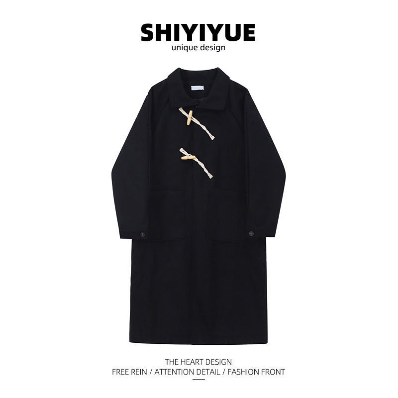 SHIYIYUE self-made horn buckle black woolen coat women's winter small Korean mid-length woolen coat
