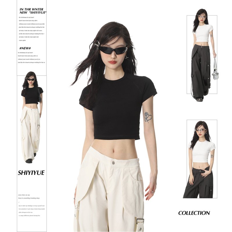 November American-Style Black Short-Sleeved T-Shirt for Women, Spring and Summer Slim Fit, Short and Slimming, Hot Girl Flutter Sleeve Top