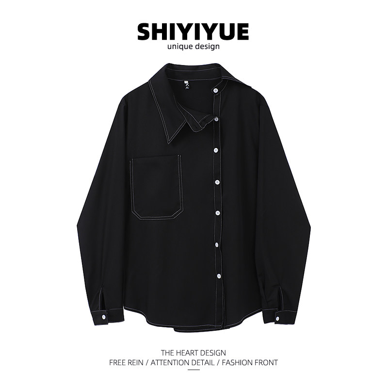 SHIYIYUE Black Irregular Shirt Women's Autumn and Winter Design Sense Small Loose Slim Outerwear Casual Tops