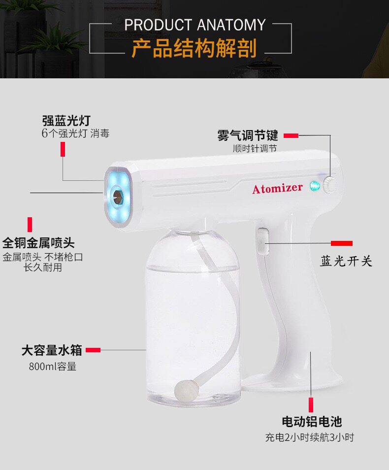 Машина дезинфекции воздуха 手持蓝光纳米喷雾消毒枪无线喷雾器升级充电式手提雾化机消毒杀菌